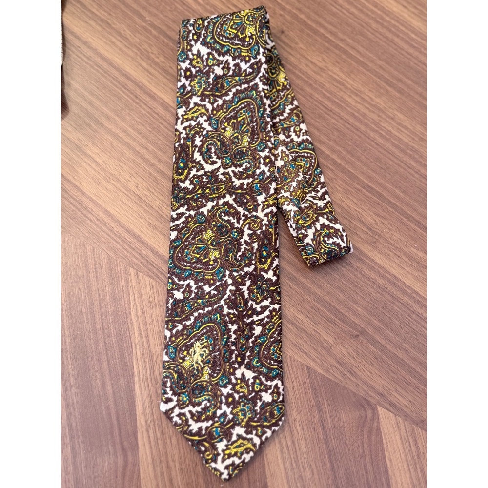 Bronzini 70s All Silk Paisley Tie Brown Gold Teal Unicorn Logo Vintage Necktie